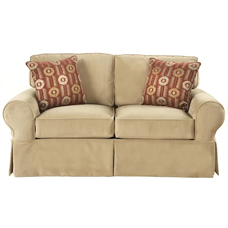 Skirted Rolled Arm Loveseat With Accent Pillows